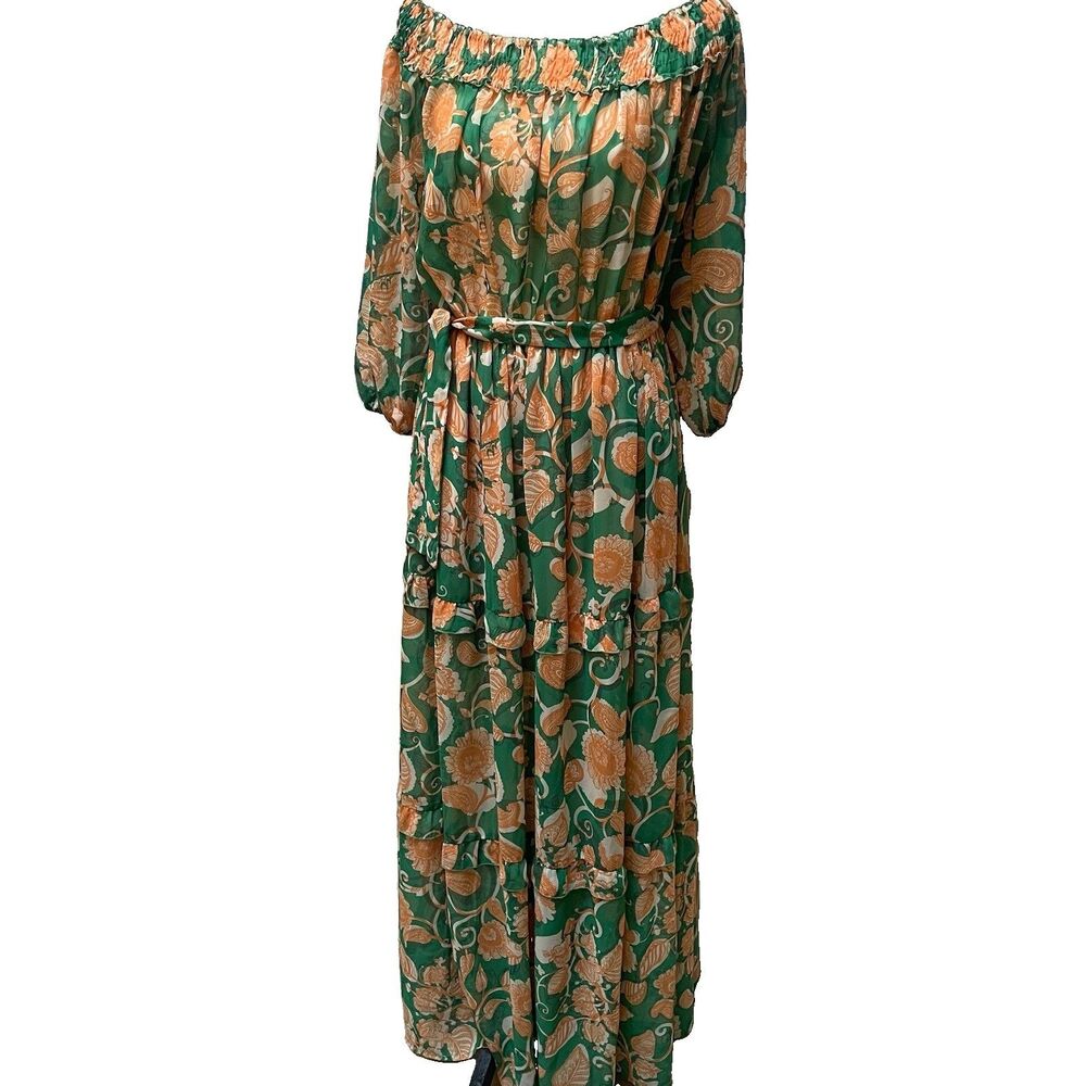 Mallory The Label Floral Off-Shoulder Maxi Dress Green Orange M/L Resort Tiered